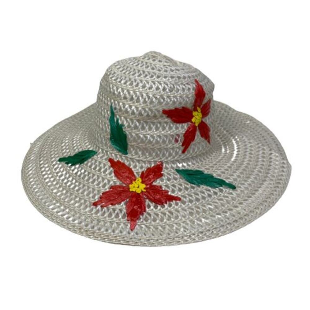 PARIS ACCESSORIES Hat Vintage Floral Straw Wide Brim Beach Sun White Retro